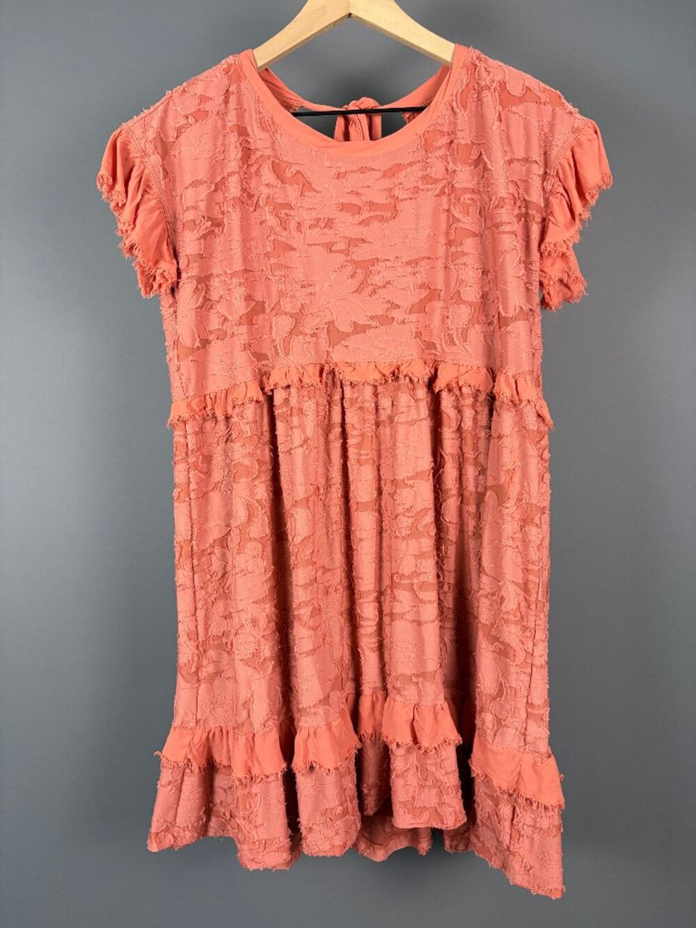 Anthropologie Textured Floral Ruffle Mini Dress Coral Pink Open Back S